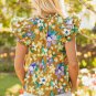 Yellow Floral Print Tiered Flutter Sleeve V Neck Top