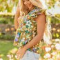 Yellow Floral Print Tiered Flutter Sleeve V Neck Top