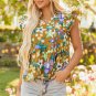 Yellow Floral Print Tiered Flutter Sleeve V Neck Top
