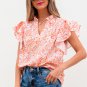 Orange Floral Ruffle Sleeve Split Neck Blouse