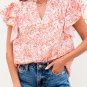 Orange Floral Ruffle Sleeve Split Neck Blouse
