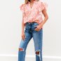 Orange Floral Ruffle Sleeve Split Neck Blouse