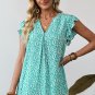 Green Notched V Neck Leopard Ruffle Short Sleeve Blouse