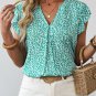 Green Notched V Neck Leopard Ruffle Short Sleeve Blouse