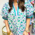 Green Floral Print Striped Trim Split V Neck Puff Short Sleeve Blouse