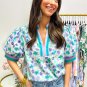 Green Floral Print Striped Trim Split V Neck Puff Short Sleeve Blouse