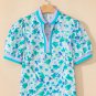 Green Floral Print Striped Trim Split V Neck Puff Short Sleeve Blouse