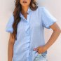 Beau Blue Striped Ruffle Short Bubble Sleeve Shirt