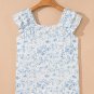 Sky Blue Floral Ruffled Short Sleeve Bow Back Square Neck Blouse