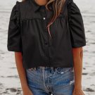 Black Frilly Puff Sleeve Stylish Collared Shirt