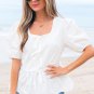 White Bow Knot Decor Square Neck Puff Sleeve Peplum Top