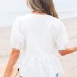 White Bow Knot Decor Square Neck Puff Sleeve Peplum Top