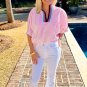 Sachet Pink Striped Print Contrast Split Neck Dolman Sleeve Blouse