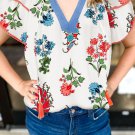 White Floral Print Contrast V Neck Tassel Tie Lace Detail Short Sleeve Blouse