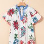 White Floral Print Contrast V Neck Tassel Tie Lace Detail Short Sleeve Blouse
