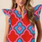 Red Abstract Floral Print Trimmed Flutter Sleeve Blouse