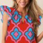 Red Abstract Floral Print Trimmed Flutter Sleeve Blouse