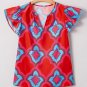 Red Abstract Floral Print Trimmed Flutter Sleeve Blouse