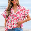 Pink Floral Boxy Fit Ruffled Short Sleeve V Neck Blouse