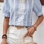 Sky Blue Stripe Floral Lace Splicing Puff Sleeve Blouse