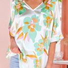 Green Floral Print Loose Fit V Neck Half Sleeve Blouse