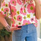 Pink Floral Ruffle Short Sleeve Striped Buttoned Collar Blouse