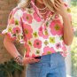 Pink Floral Ruffle Short Sleeve Striped Buttoned Collar Blouse