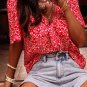 Red Boho Floral Printed Half Sleeve Knotted V Neck Blouse