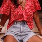 Red Boho Floral Printed Half Sleeve Knotted V Neck Blouse