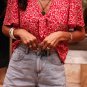 Red Boho Floral Printed Half Sleeve Knotted V Neck Blouse