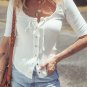 White Snap Button Drawstirng Tie Neck Textured Half Sleeve Shirt