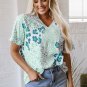 Green Mixed Leopard Print V Neck Short Sleeve Blouse