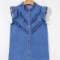 Sky Blue Mineral Wash Frilled Button Up Denim Shirt
