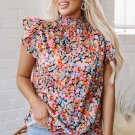 Orange Floral Print Flutter Sleeve Blouse Top