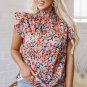 Orange Floral Print Flutter Sleeve Blouse Top