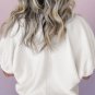 White Contrast Striped Collar Patchwork Textured Half Sleeve Blouse