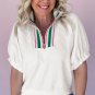 White Contrast Striped Collar Patchwork Textured Half Sleeve Blouse