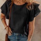 Black Crinkled Cotton Gauze Ruffle Sleeve Blouse