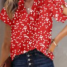 Red Polka Dot Print Frilly Smocked Neck Short Sleeve Blouse