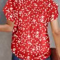 Red Polka Dot Print Frilly Smocked Neck Short Sleeve Blouse
