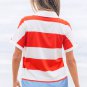 Red Stripe Collar V Neck Cuffed Dolman Short Sleeve Top