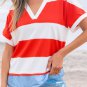 Red Stripe Collar V Neck Cuffed Dolman Short Sleeve Top