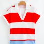 Red Stripe Collar V Neck Cuffed Dolman Short Sleeve Top