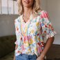 Pink Boho Flower Print Half Puff Sleeve Blouse