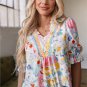 Pink Boho Flower Print Half Puff Sleeve Blouse