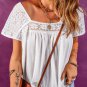 White Hollowed Lace Patchwork Square Neck Short Sleeve Blouse