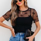 Black Bow Knot Dotted See-through Mesh Patched Slim Fit Blouse