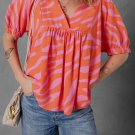 Orange Zebra Stripe Print Ruched Cuff Half Sleeve V Neck Blouse
