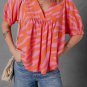 Orange Zebra Stripe Print Ruched Cuff Half Sleeve V Neck Blouse