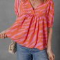Orange Zebra Stripe Print Ruched Cuff Half Sleeve V Neck Blouse